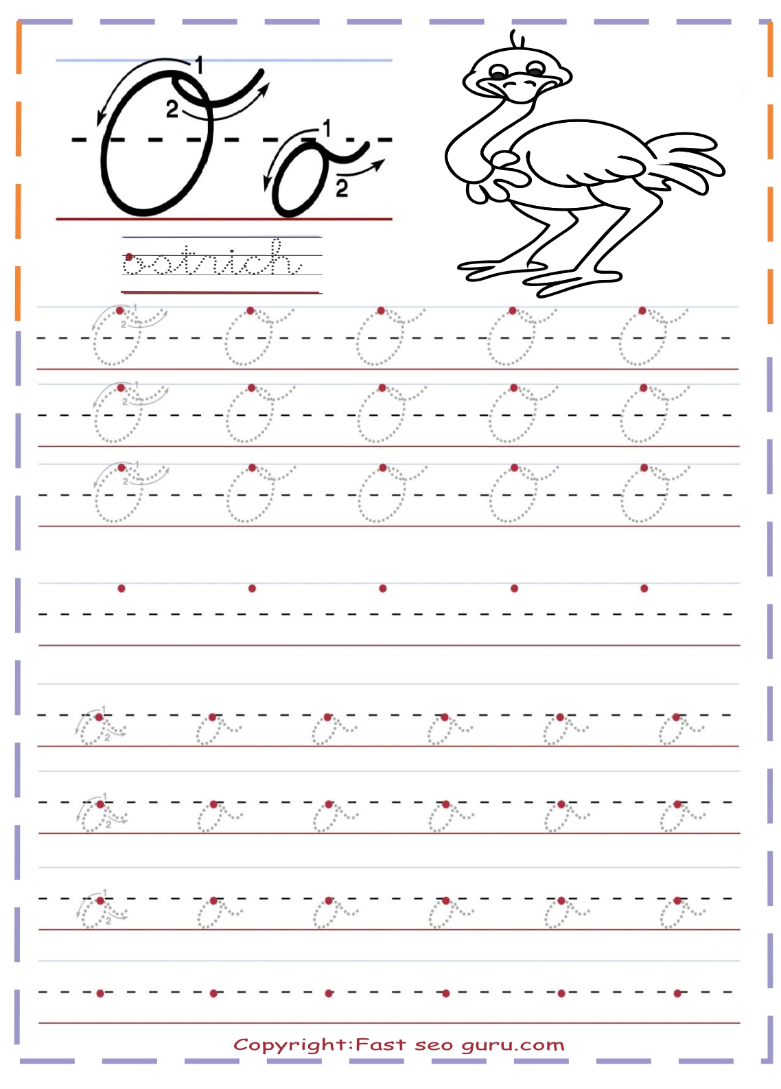 cursive handwriting tracing worksheets letter o for ostrich